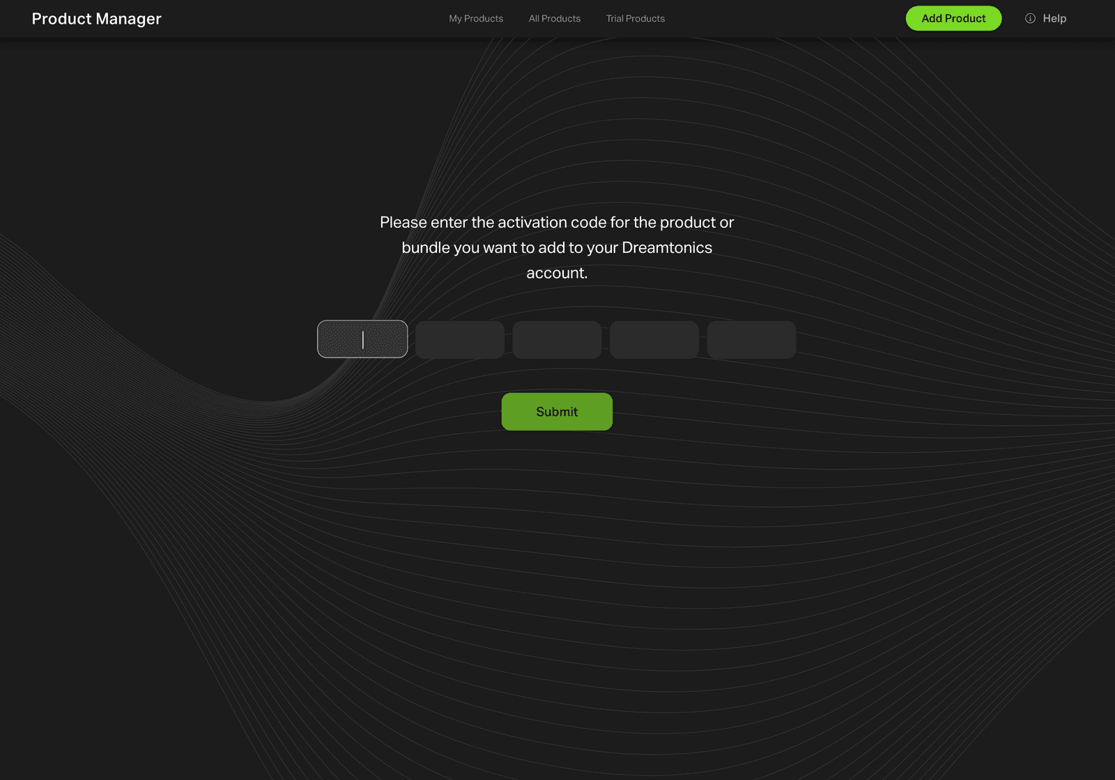 Product Manager's Add Product page: five boxes for the activation code, then Submit.