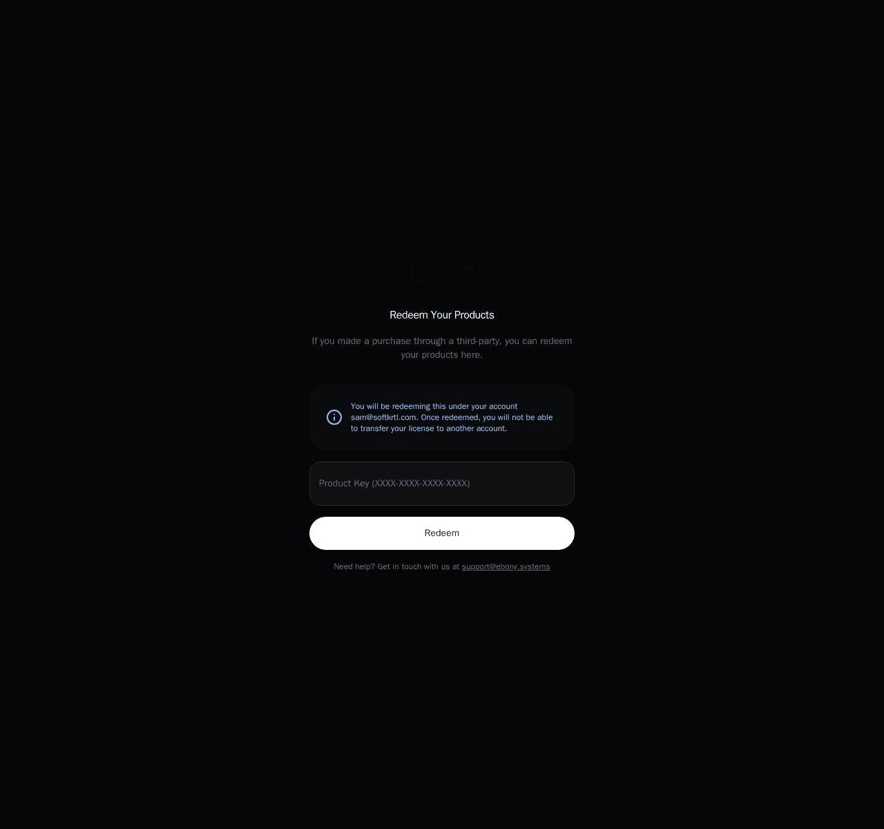The redeem form once you are signed in — your product key goes in the one box