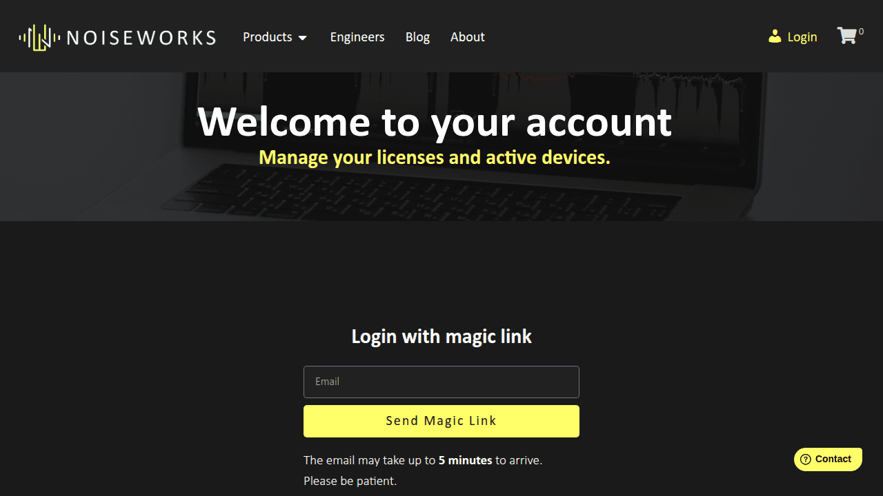 The NoiseWorks login: enter your email and use the magic link, or sign up with a password.