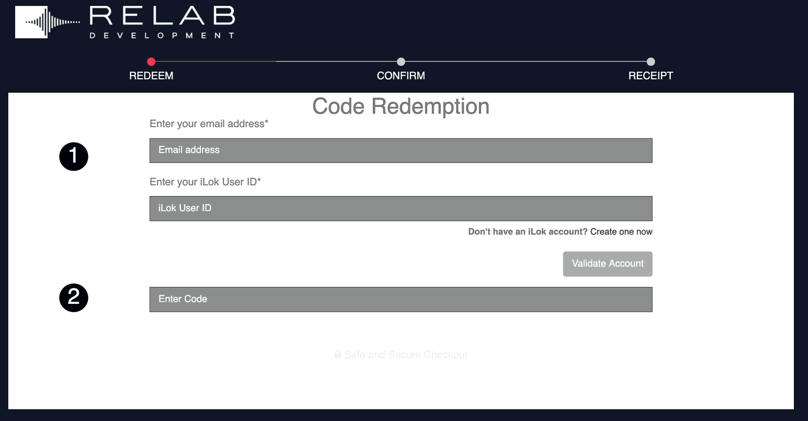 Relab's Code Redemption page: your email address and iLok User ID first, then the code.
