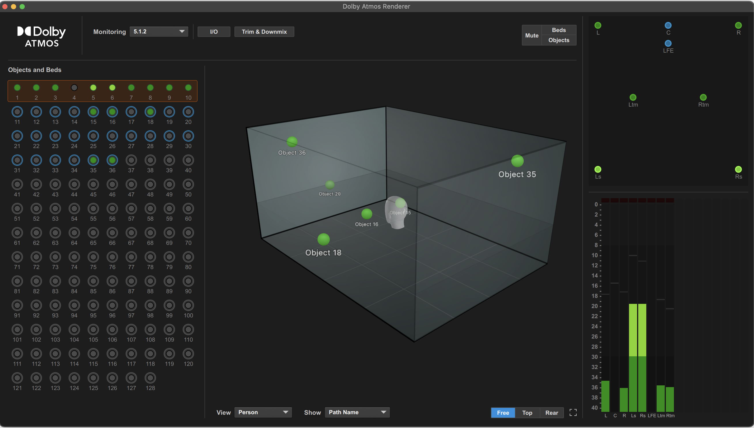 Official Avid screenshot of the Pro Tools Dolby Atmos Renderer in Person view with object positions and meters.