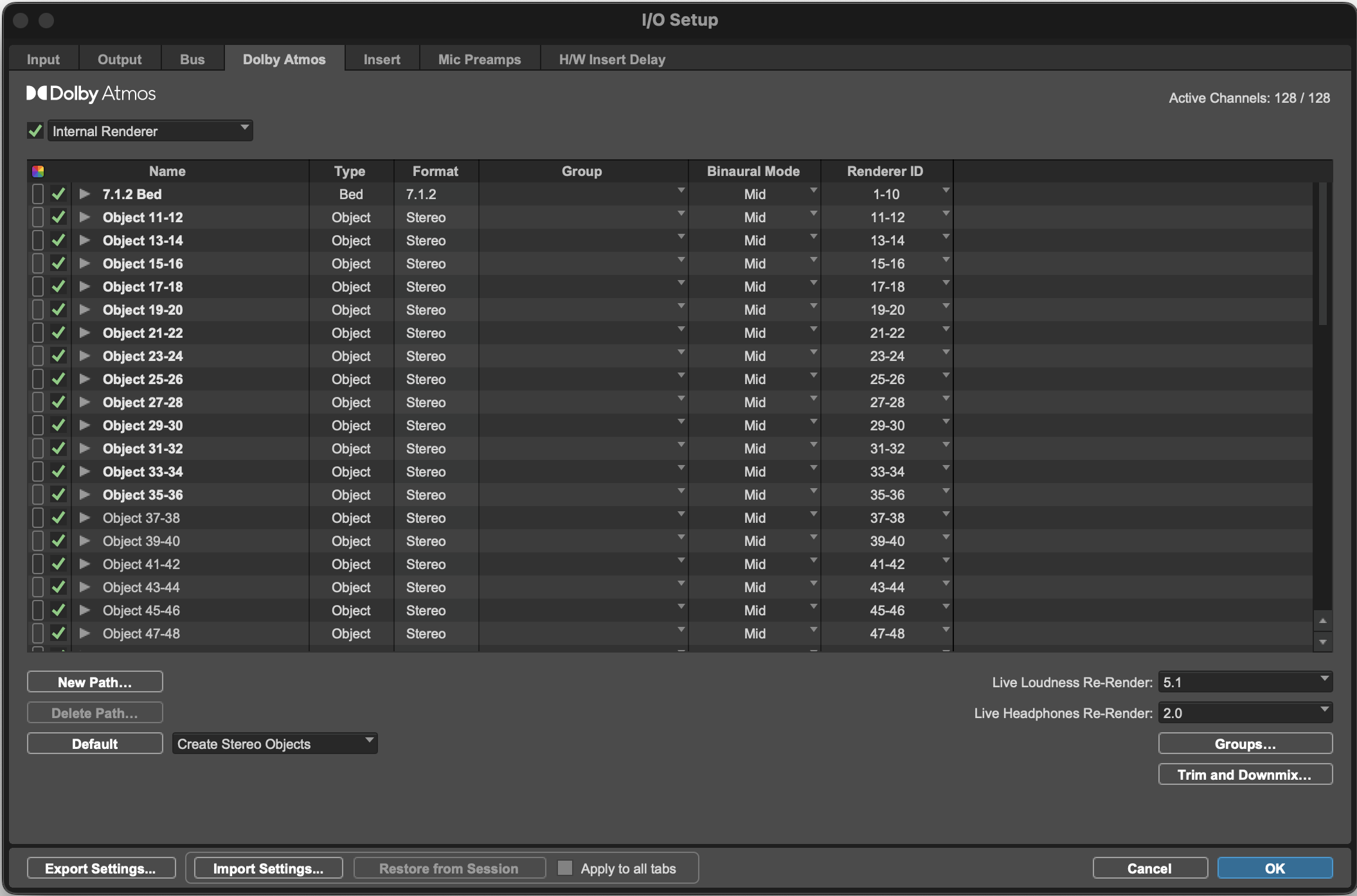 Official Avid screenshot of the Pro Tools I/O Setup Dolby Atmos page listing object paths and renderer IDs.
