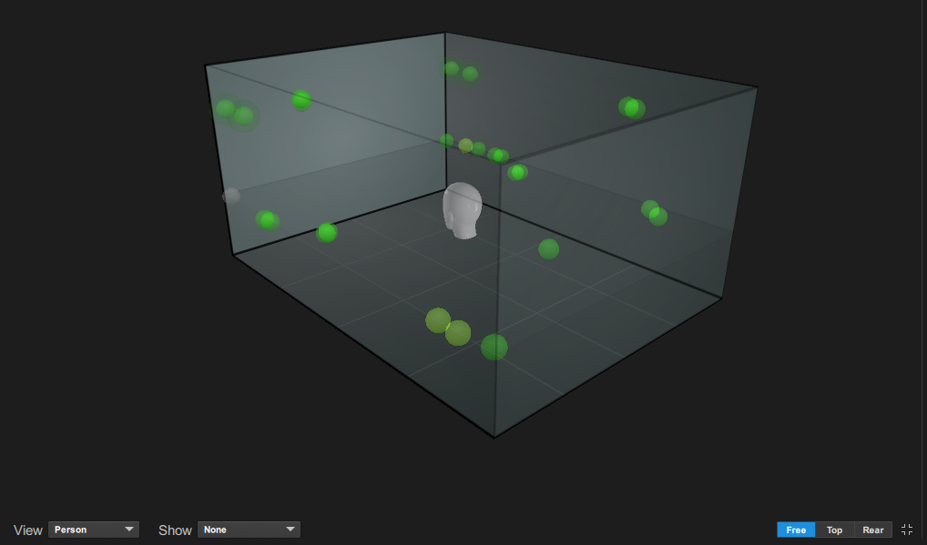 Official Avid screenshot of multiple audio objects positioned around a listener in the Pro Tools Dolby Atmos Renderer.